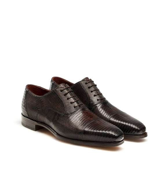 Flat Feet Shoes - Goodyear Welted Lamego Brown Leather Croc Print Oxford With Violin Leather Sole with Arch Support