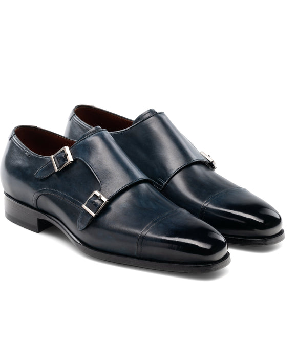 Flat Feet Shoes - Navy Blue Leather Wansdyke Monk Strap Shoes with Arch Support