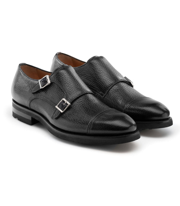 Height Increasing Black Leather Portneuf Chunky Monk Strap Shoes
