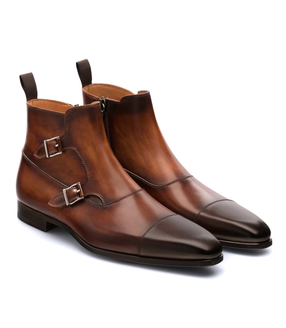 Flat Feet Shoes - Brown Leather Bordeaux Monk Strap Boots with Arch Support