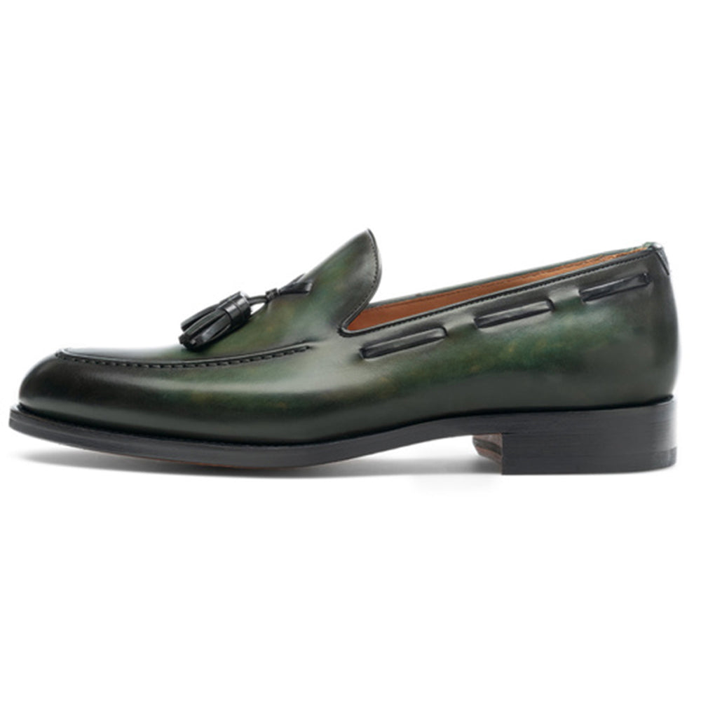 Height Increasing Olive Green Leather Barbican Tassel Loafers