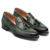 Flat Feet Shoes - Olive Green Leather Barbican Tassel Loafers with Arch Support