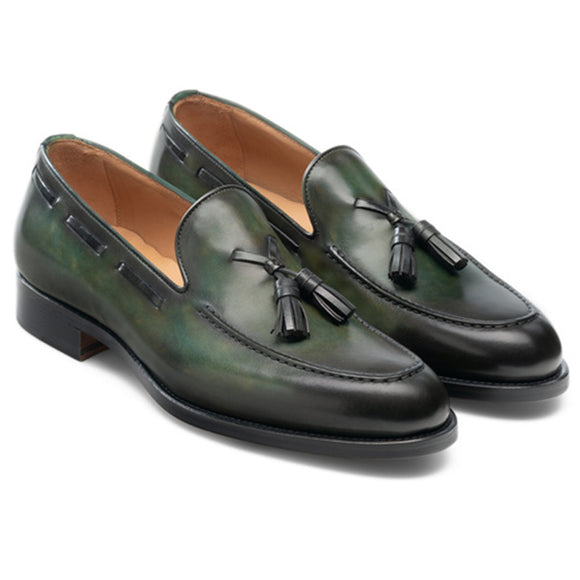 Olive Green Leather Barbican Tassel Loafers
