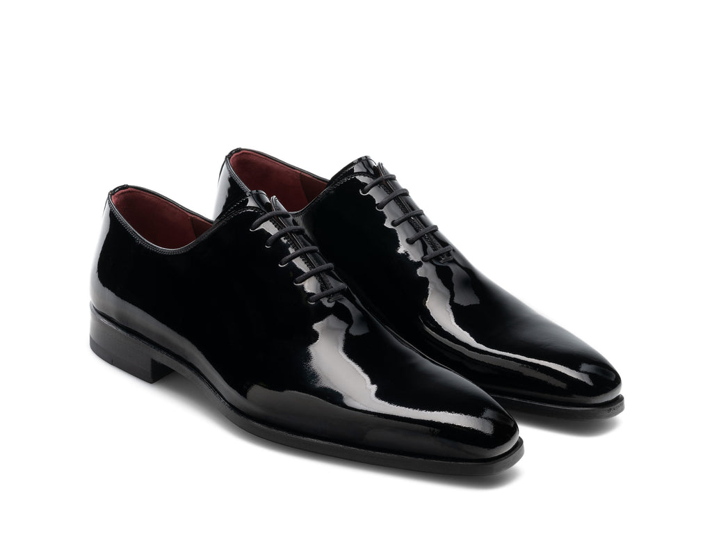 Black Patent Leather Bucoli Whole Cut Lace Up Oxfords