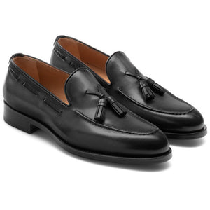 Flat Feet Shoes - Black Leather Barbican Tassel Loafers with Arch Support
