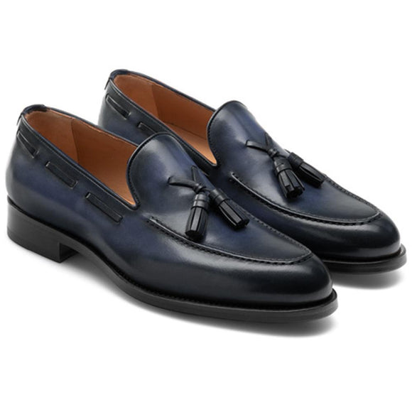 Flat Feet Shoes - Navy Blue Leather Barbican Tassel Loafers with Arch Support