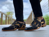 Black Printed Dragon Fly Canvas and Leather Maliana Toe Cap Lace Up Derby Shoes