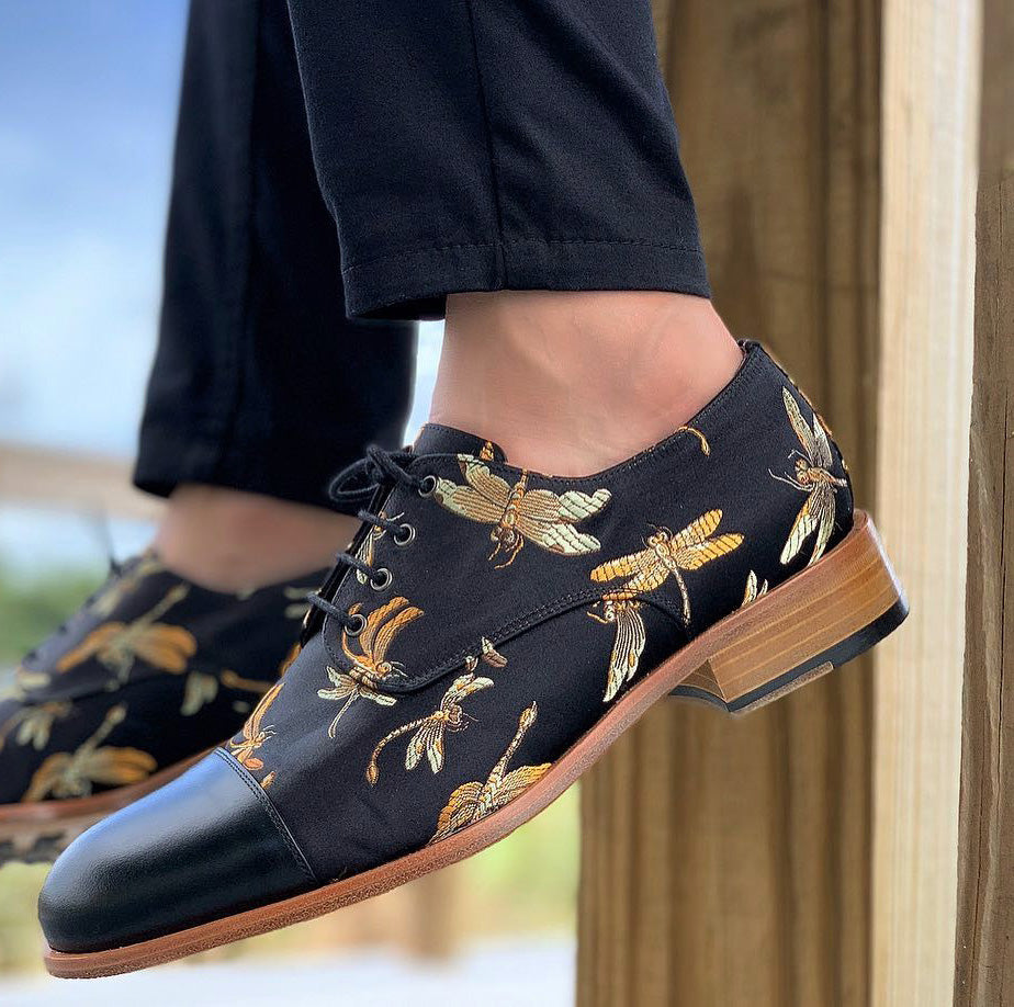 Black Printed Dragon Fly Canvas and Leather Maliana Toe Cap Lace Up Derby Shoes