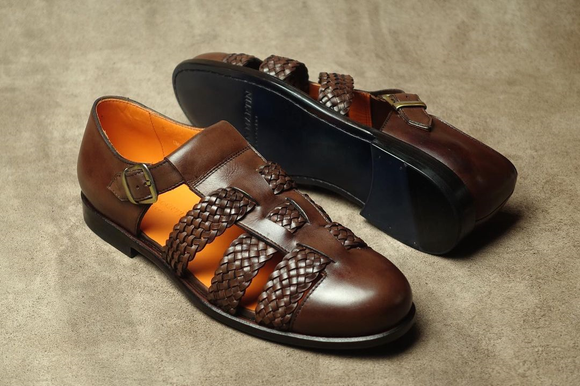 Height Increasing Brown Braided Leather Palmas Sandal Loafers