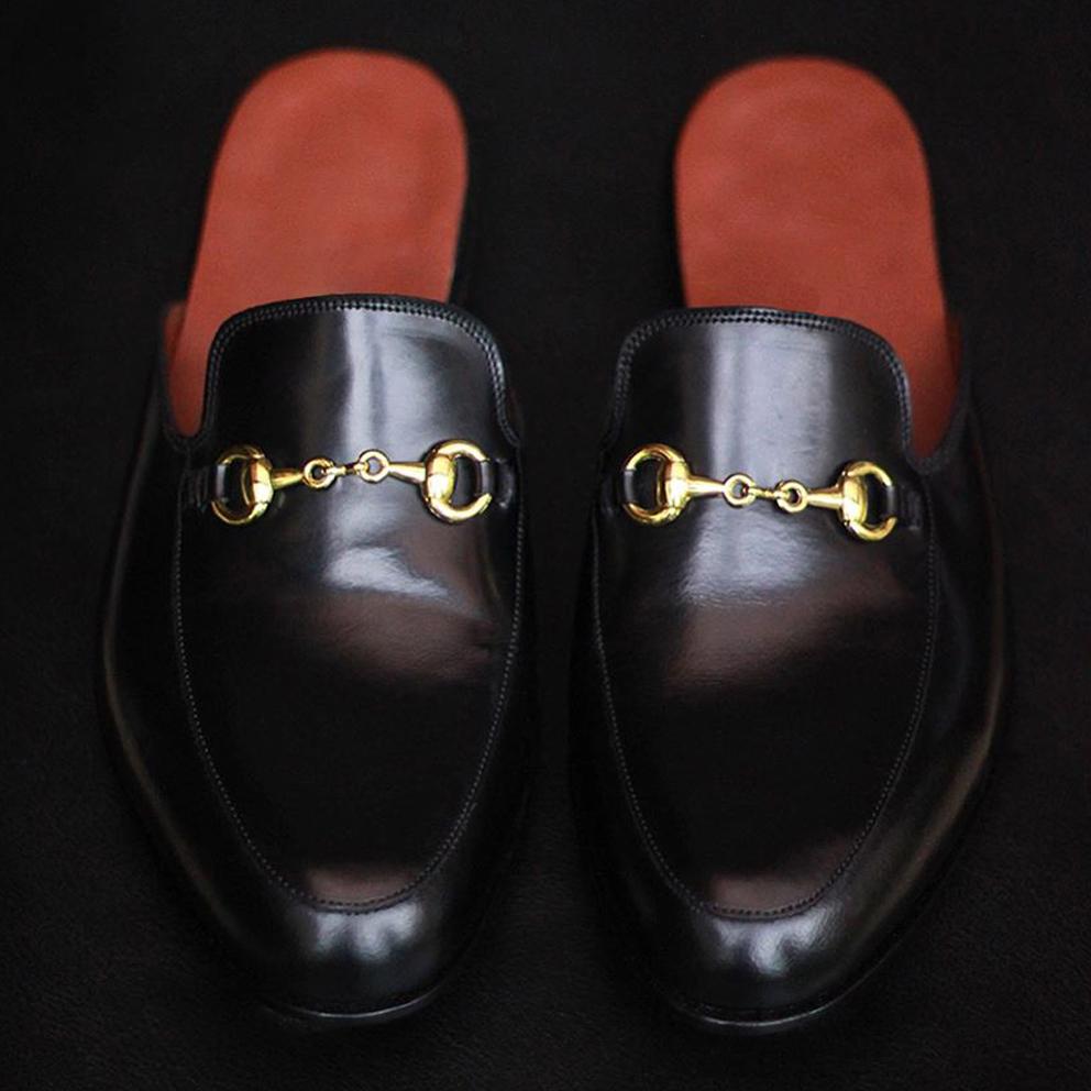 Flat Feet Shoes - Black Leather Leiria Horsebit Slippers with Arch Support