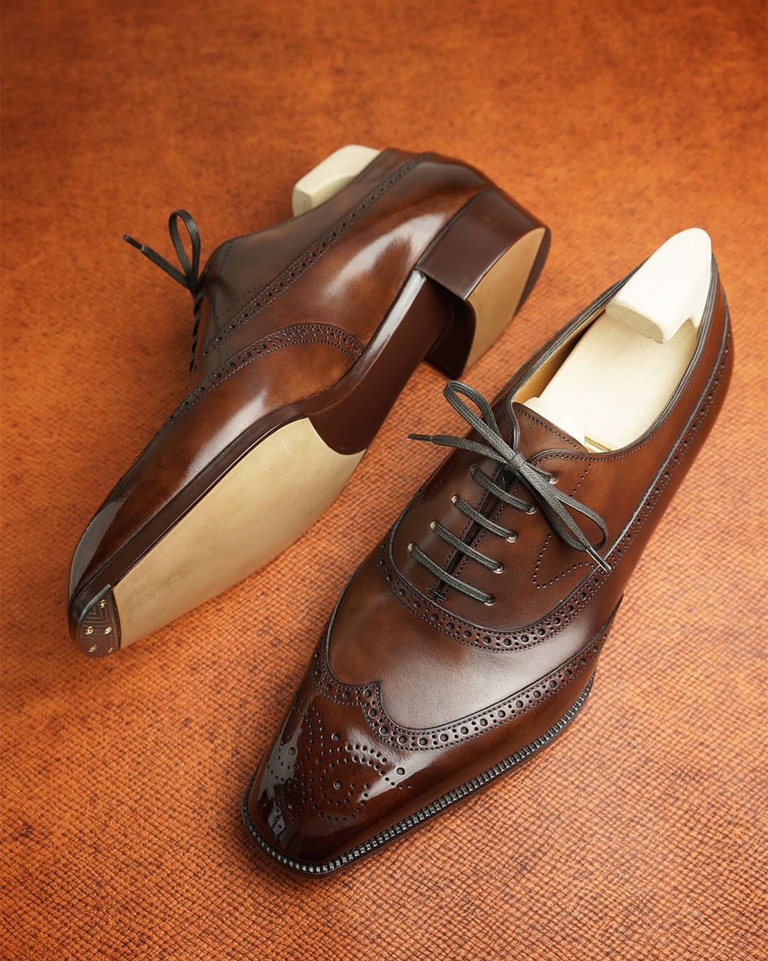 Dark Tan Leather Cedria Brogue Wingtip Oxfords 