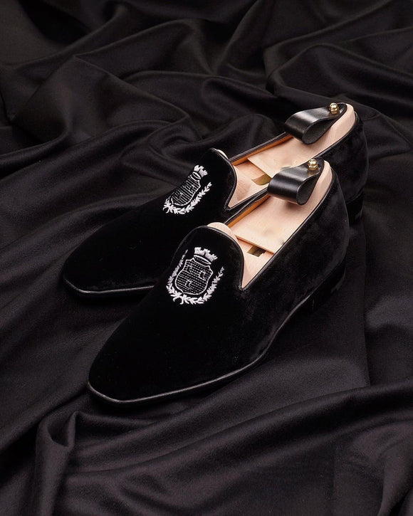 Black Velvet Shield Embroidered Loafers