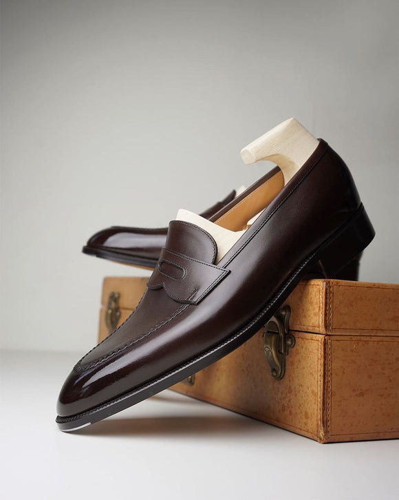 Brown Italian Leather Buin Slip On Penny Loafers