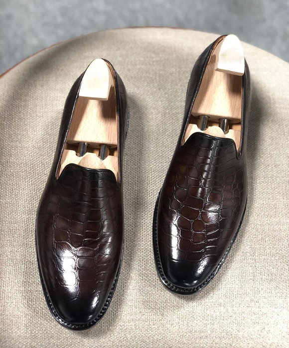 Brown Croc Print Leather Lugo Loafers