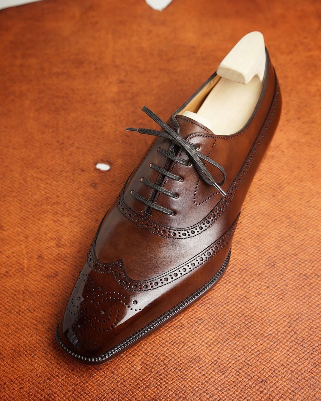 Dark Tan Leather Cedria Brogue Wingtip Oxfords 