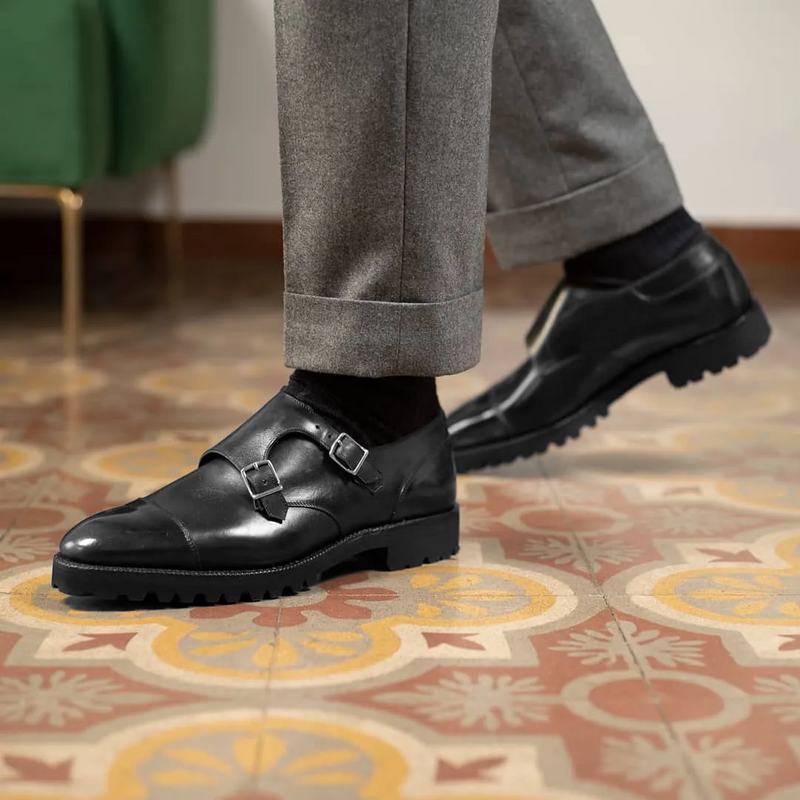 Black Leather Alissa Chunky Monk Strap Shoes with Toecap 