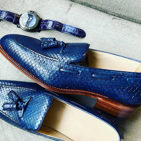 Blue Croc Print Leather Madrid Tassel Loafers
