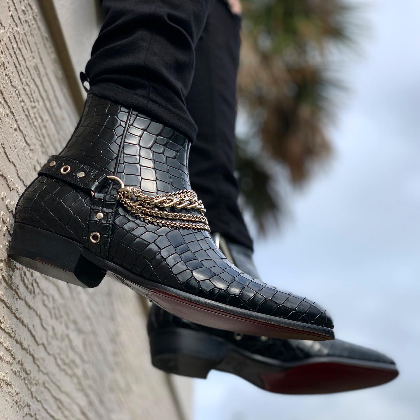 Black Crocodile Print Italian Leather Ravien Harness Chelsea Boots with Silver Chain 