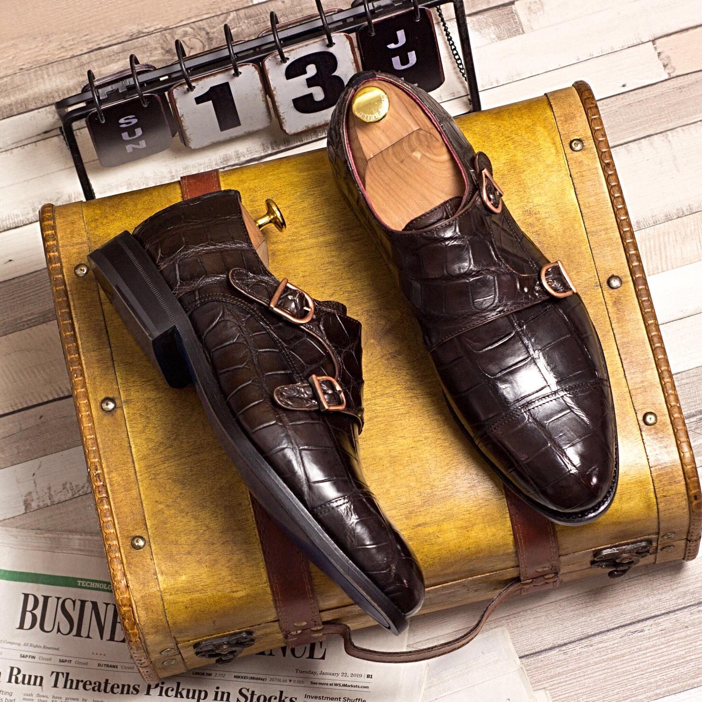 Brown Crocodile Print Leather Buka Double Monk Straps