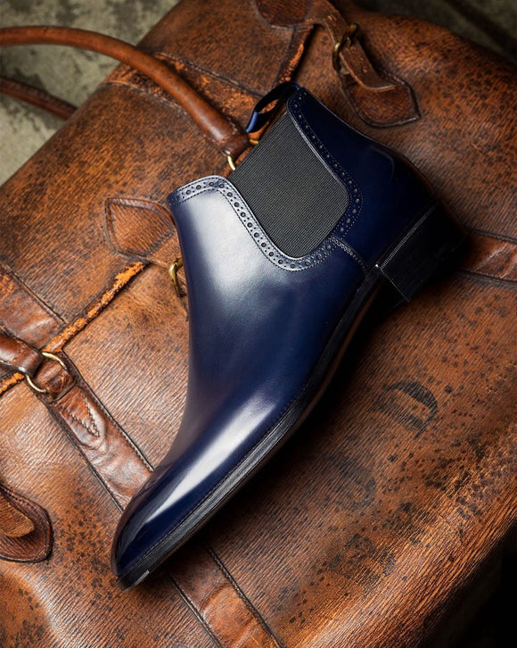 Navy Blue Leather Brogue Mariselle Chelsea Boots