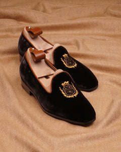 Brown Velvet Shield Embroidered Loafers