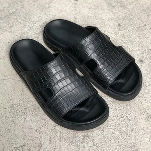Black Crocodile Print Leather Trujillo Slippers