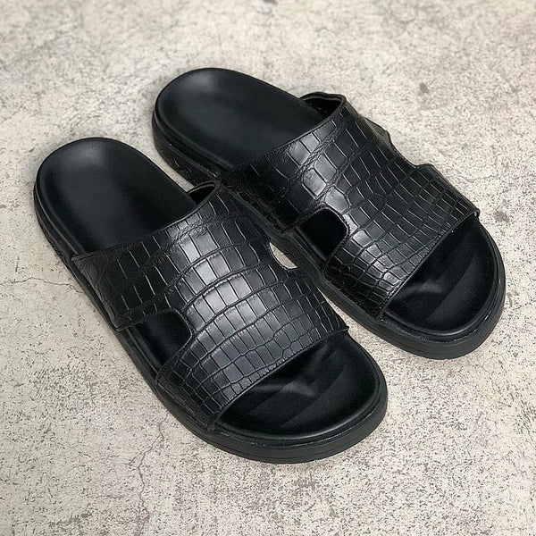 Black Crocodile Print Leather Trujillo Slippers Alligator Print