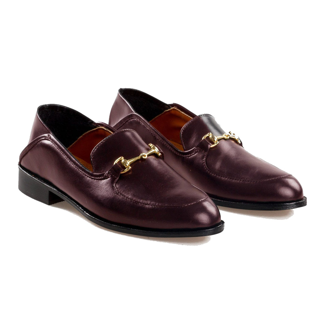 Flat Feet Shoes - Brown Burgundy Leather Penela Horsebit Collapsible Loafer Slippers with Arch Support
