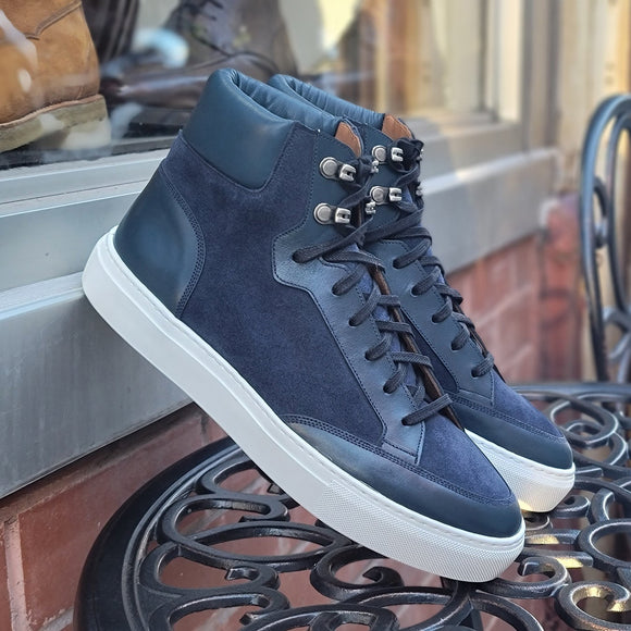 Navy Blue Suede and Leather Foxton Lace Up High Top Sneakers