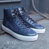 Height Increasing Navy Blue Suede and Leather Foxton Lace Up High Top Sneakers