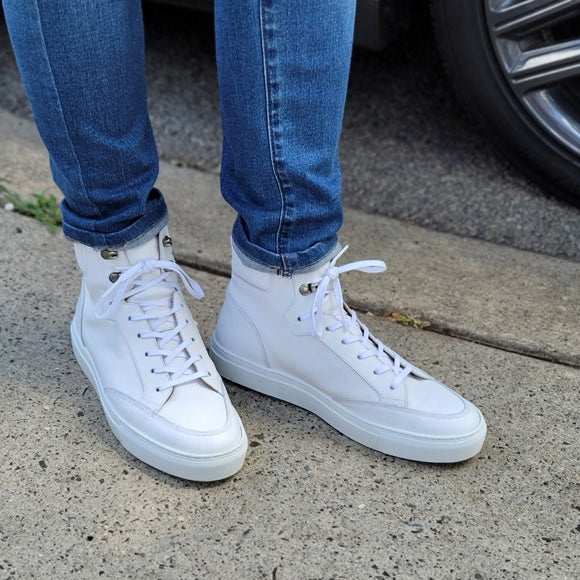 Height Increasing White Leather Foxton Lace Up High Top Sneakers