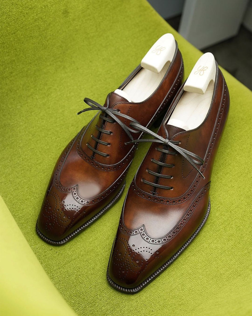 Dark Tan Leather Cedria Brogue Wingtip Oxfords 