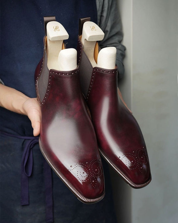 Burgundy Brown Leather Isolde Brogue Chelsea Boots