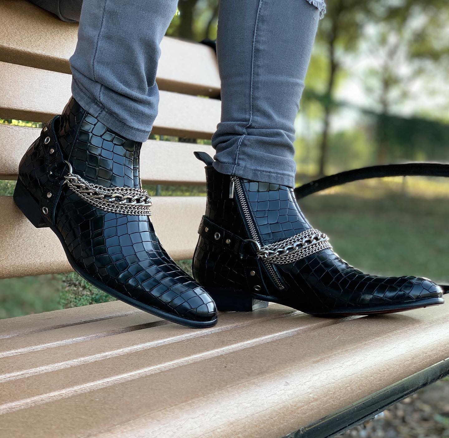 Black Crocodile Print Italian Leather Ravien Harness Chelsea Boots with  Silver Chain - Goodyear Welted Fiddle Back Violin Sole