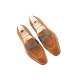 Goodyear Welted Vizela Tan Suede Croc Printed Penny Loafer With Violin Leather Sole