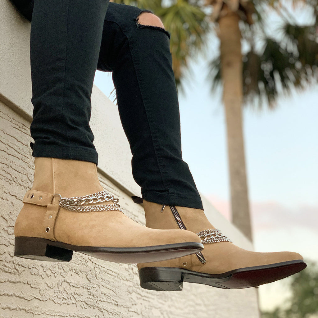 Tan Suede Ravien Harness Chelsea Boots with Golden Chain