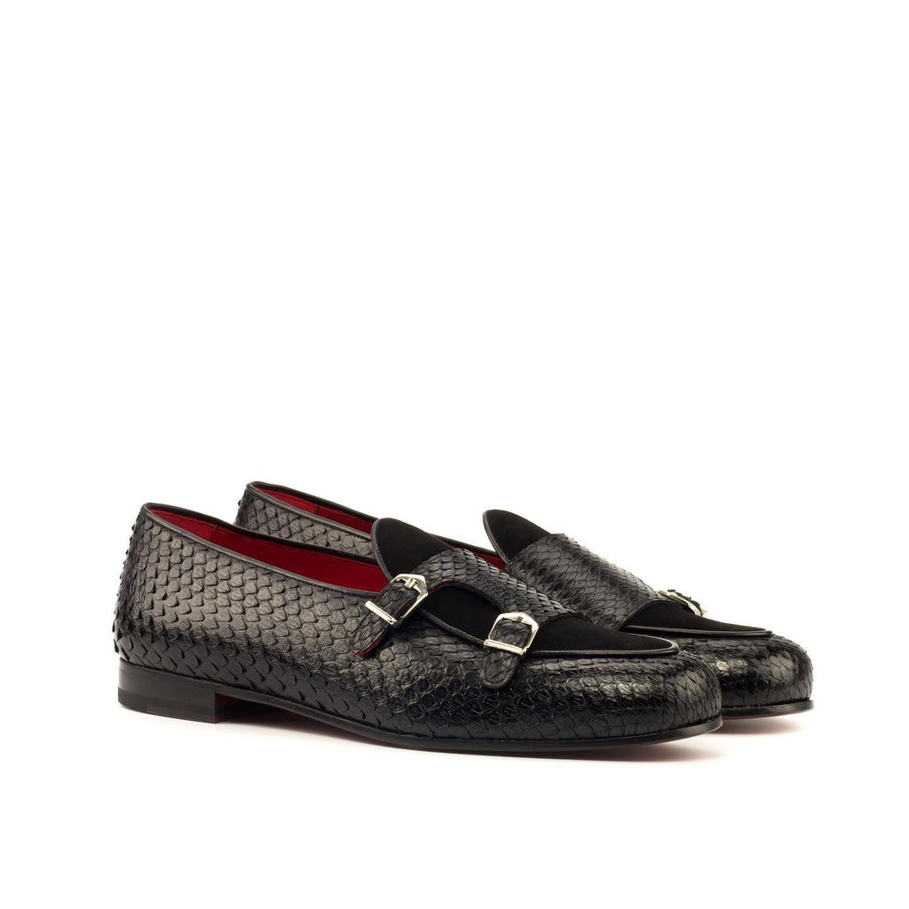 Black Crocodile Print Leather and Velvet Manaus Double Monk Straps - Alligator Print