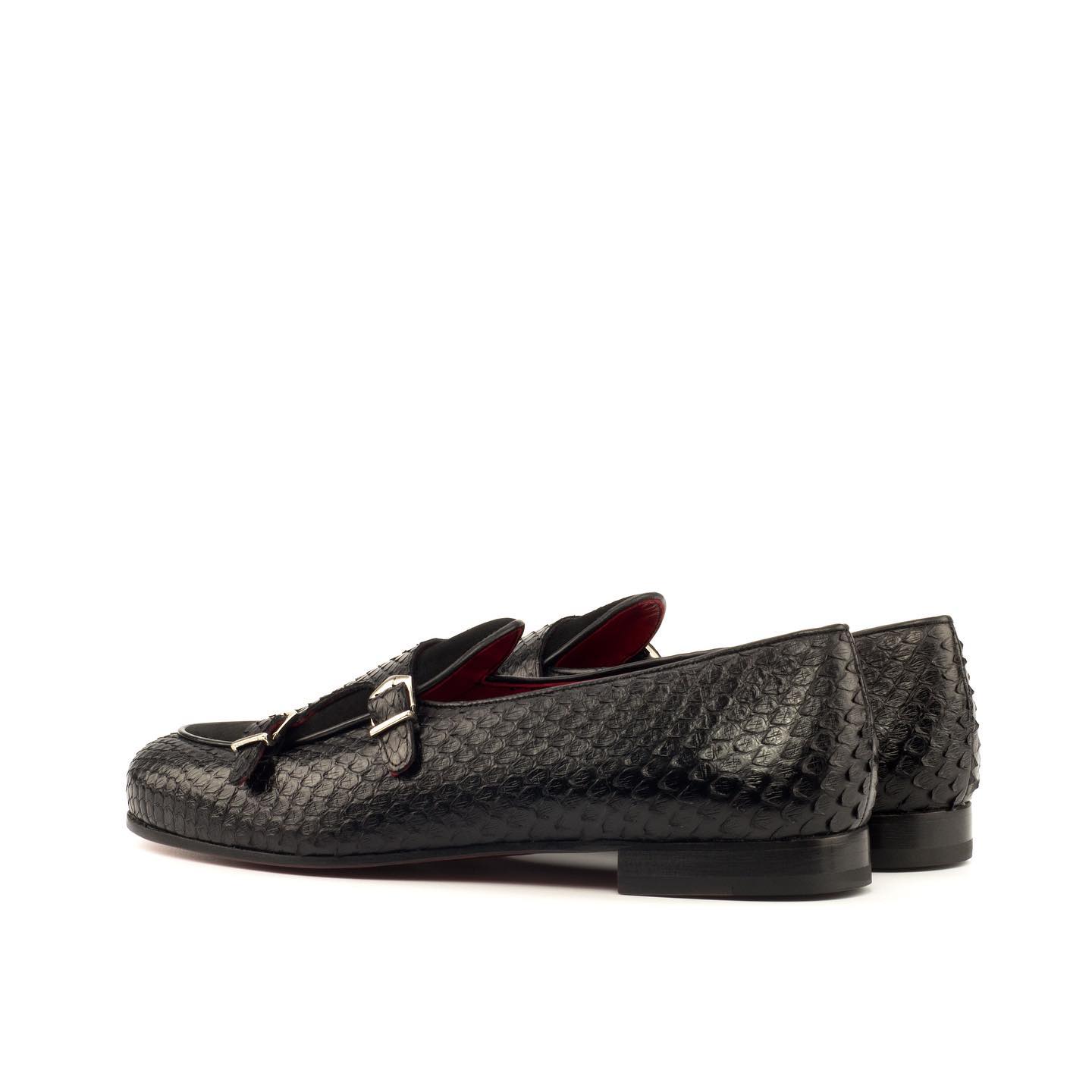 Black Crocodile Print Leather and Velvet Manaus Double Monk Straps - Alligator Print