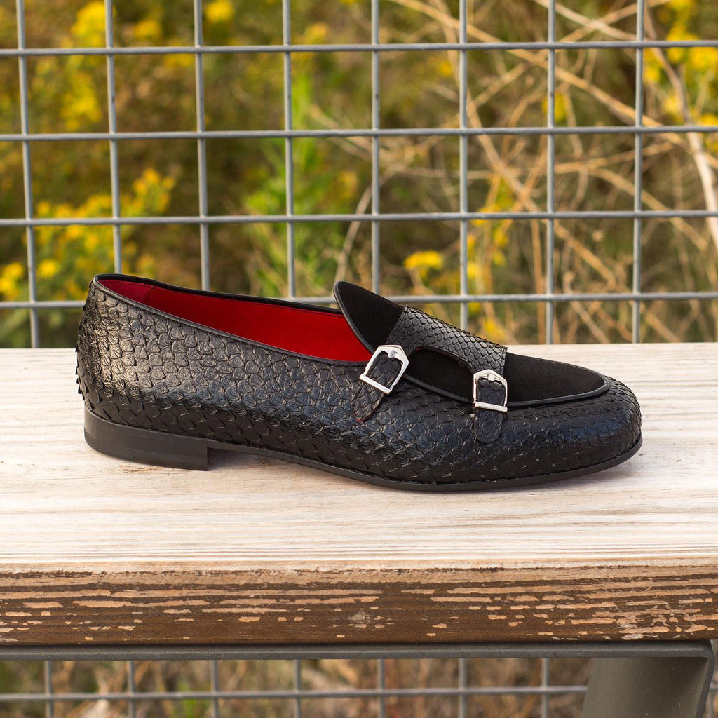 Black Crocodile Print Leather and Velvet Manaus Double Monk Straps - Alligator Print