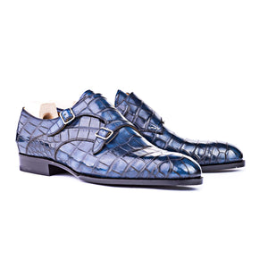 Flat Feet Shoes - Goodyear Welted Aveiro Navy Blue Leather Croc Print Double Monk Strap With Violin Leather Sole with Arch Support