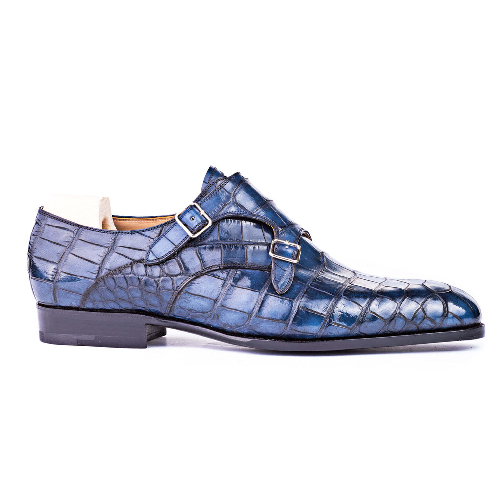 Height Increasing Goodyear Welted Aveiro Navy Blue Leather Croc Print Double Monk Strap With Violin Leather Sole