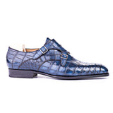 Goodyear Welted Aveiro Navy Blue Leather Croc Print Double Monk Strap With Violin Leather Sole