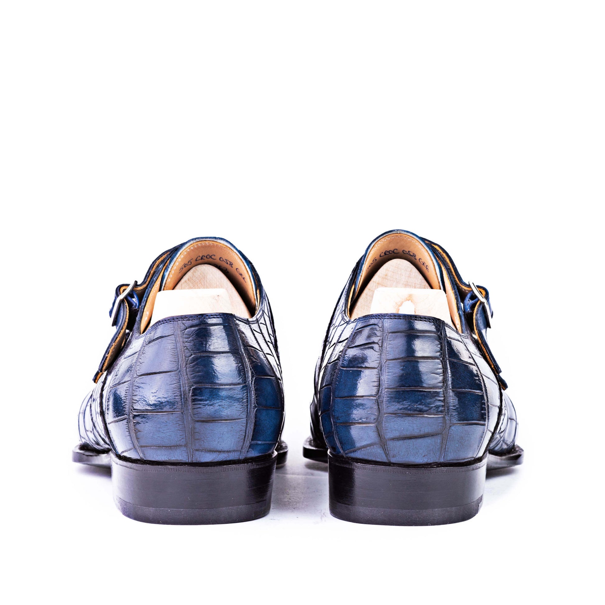 Goodyear Welted Aveiro Navy Blue Leather Croc Print Double Monk Strap With Violin Leather Sole