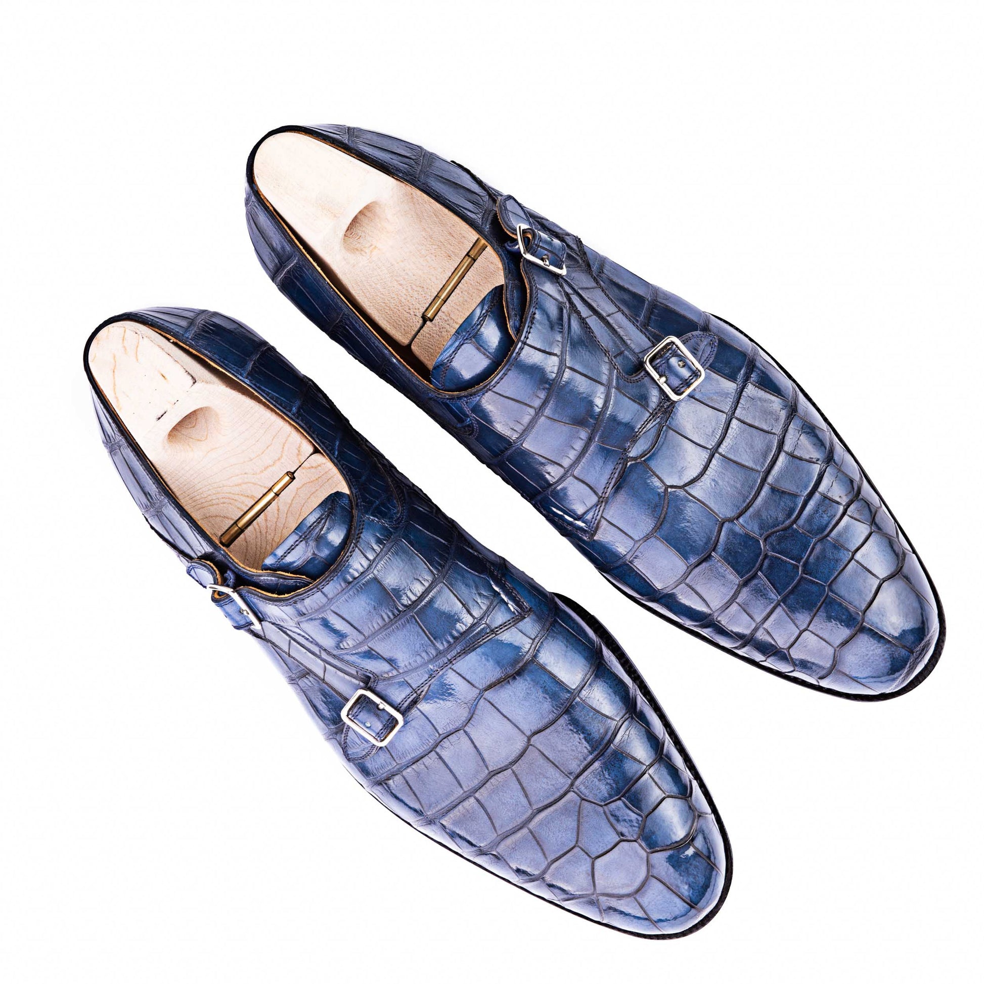 Height Increasing Goodyear Welted Aveiro Navy Blue Leather Croc Print Double Monk Strap With Violin Leather Sole