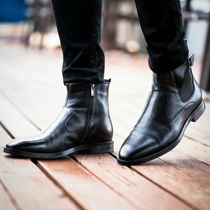 Height Increasing Black Leather Dejen Zipper Boots