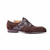 Flat Feet Shoes - Goodyear Welted Murtosa Brown Suede and Leather Croc Print Double Monk Strap With Violin Leather Sole with Arch Support