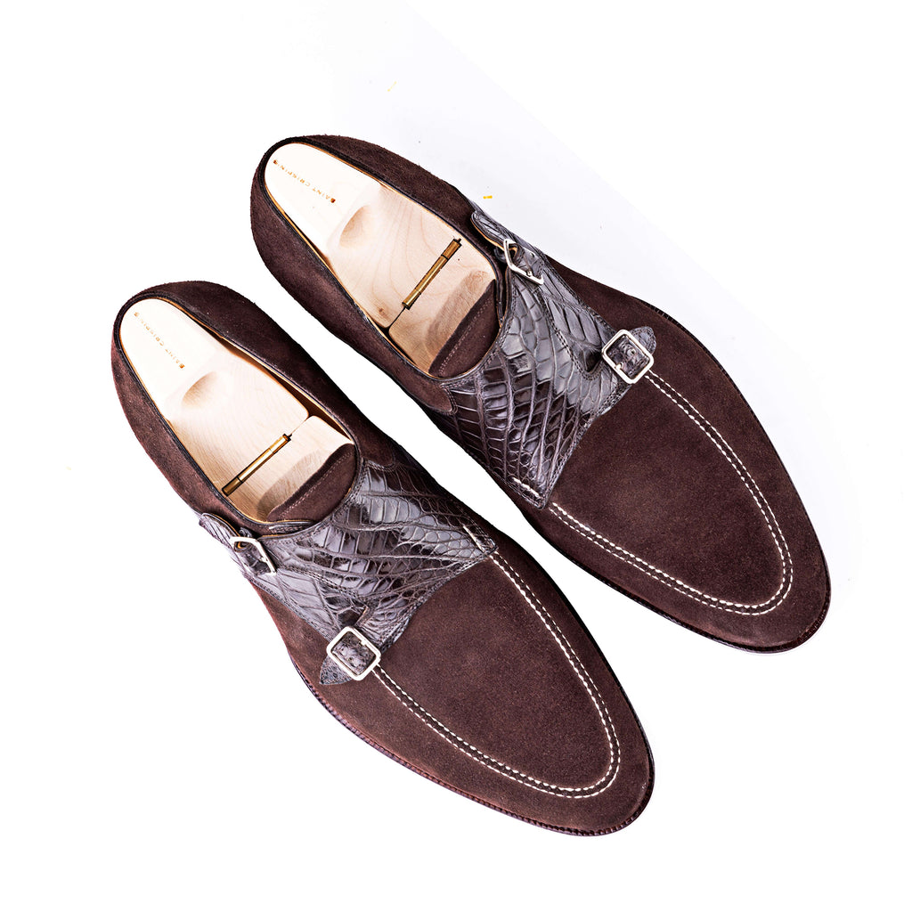Goodyear Welted Murtosa Brown Suede and Leather Croc Print Double Monk Strap With Violin Leather Sole