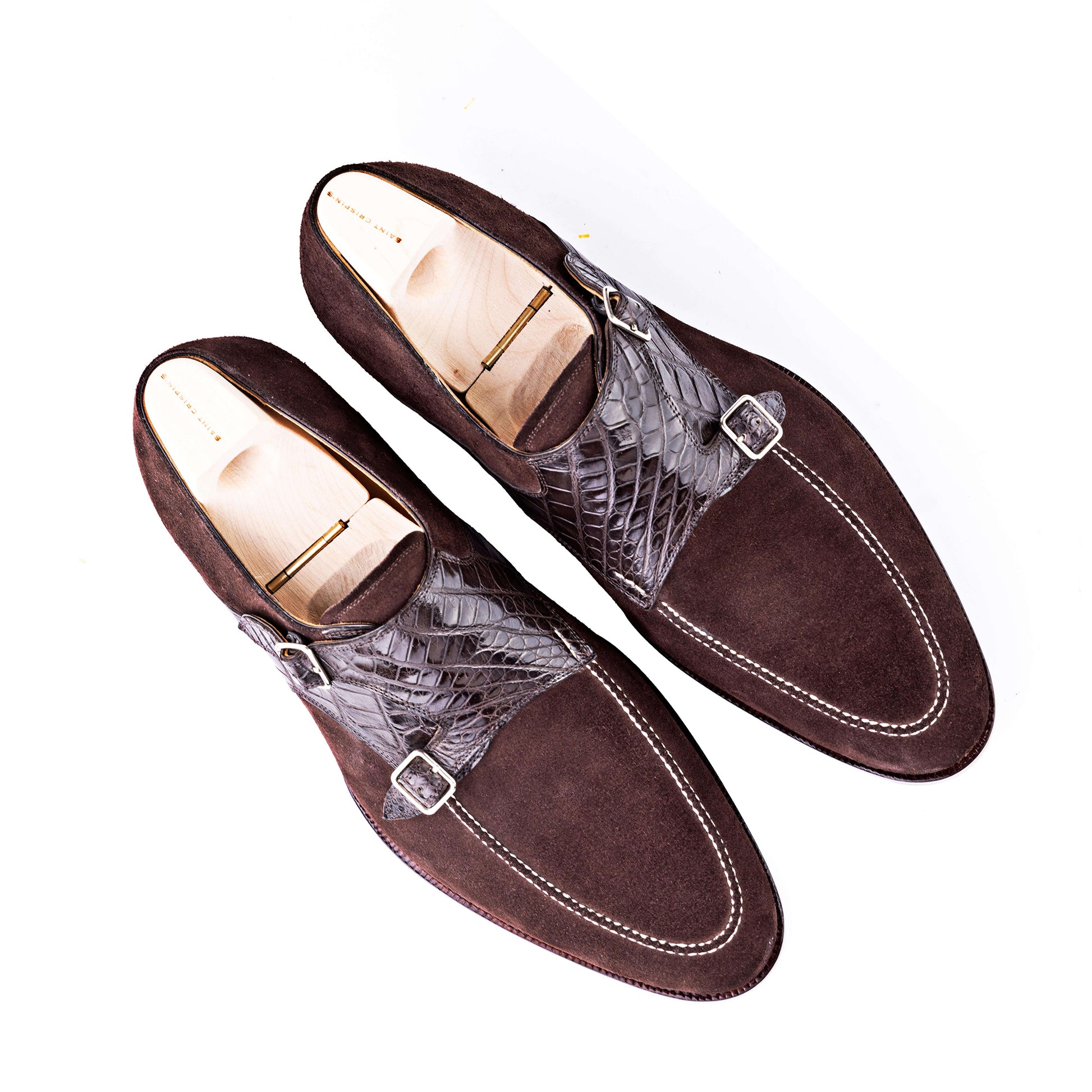 Goodyear Welted Murtosa Brown Suede and Leather Croc Print Double Monk Strap With Violin Leather Sole