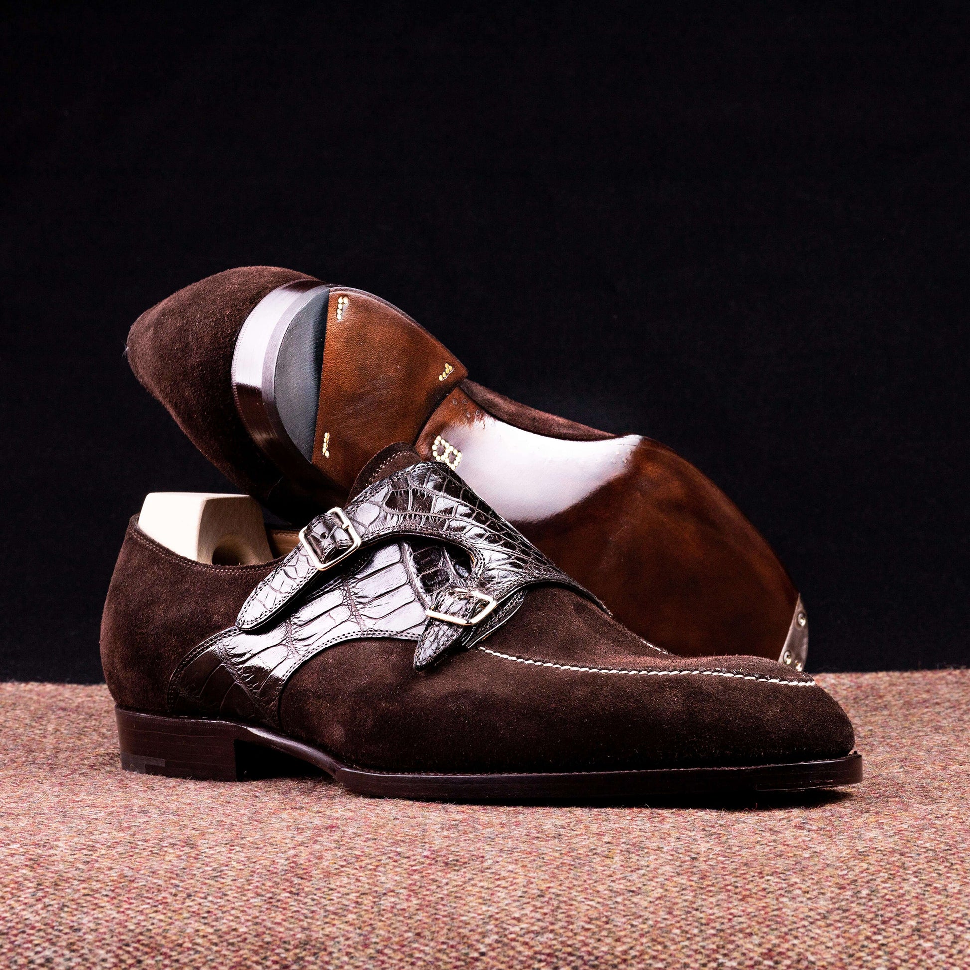 Goodyear Welted Murtosa Brown Suede and Leather Croc Print Double Monk Strap With Violin Leather Sole