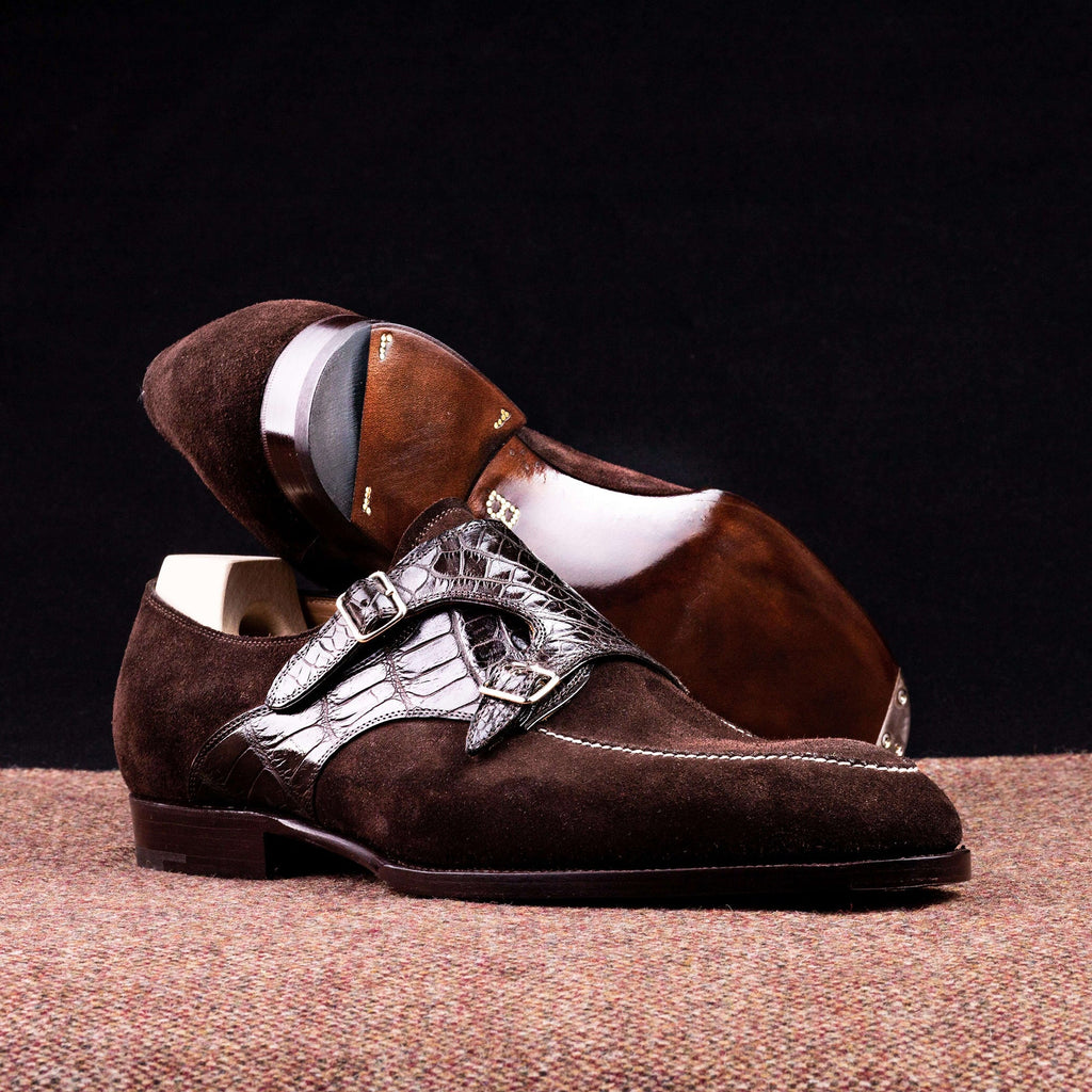 Height Increasing Goodyear Welted Murtosa Brown Suede and Leather Croc Print Double Monk Strap With Violin Leather Sole